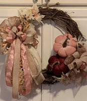 Elegant Rose Gold Wreath with Velvet Pumpkins